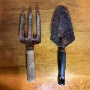 Vintage Garden Tools Primitive Hand Trowel Cultivator Fork Rusty Crusty Patina